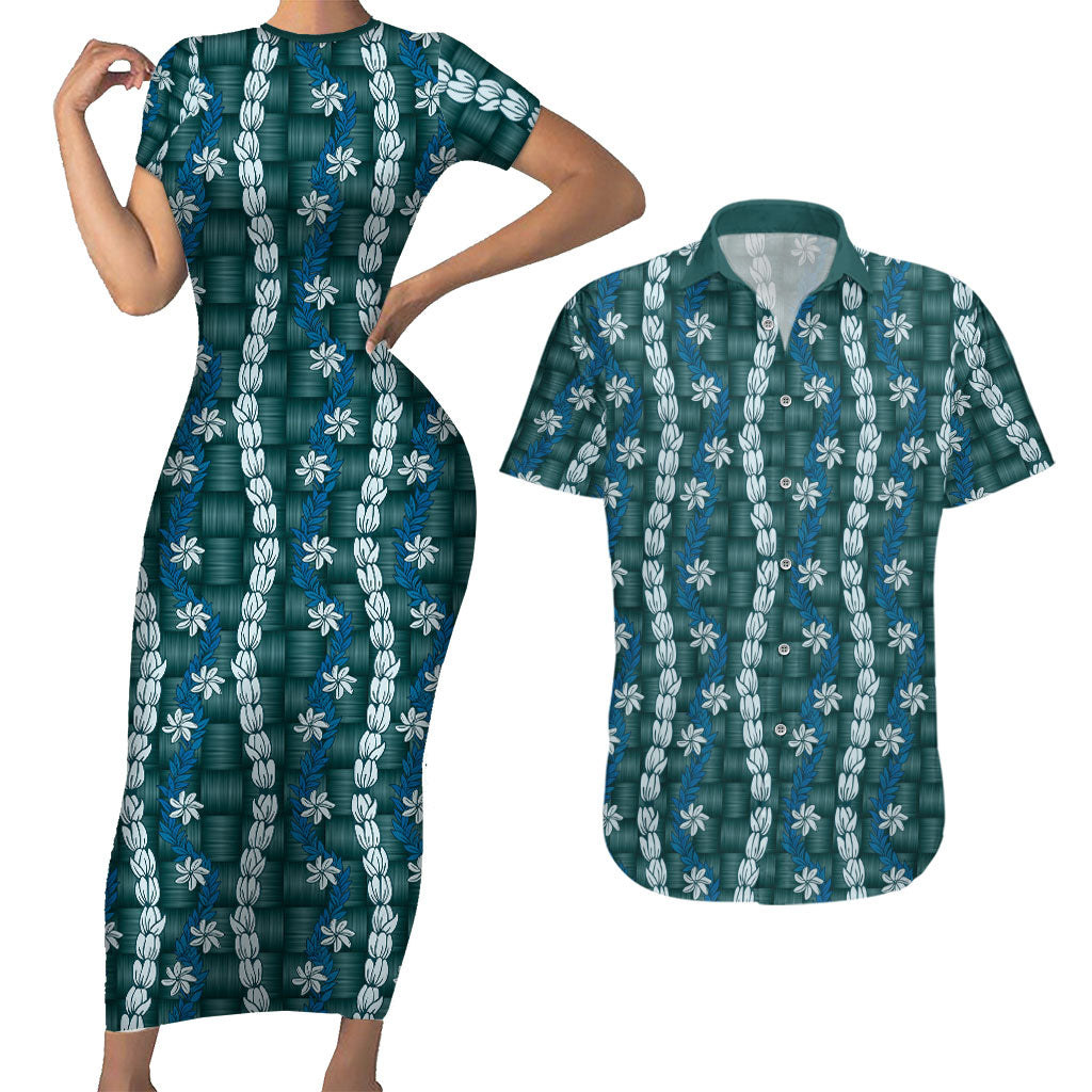 Pikake Maile Tiare Lei Couples Matching Short Sleeve Bodycon Dress and Hawaiian Shirt Polu Lauhala Pattern LT01 Blue - Polynesian Pride