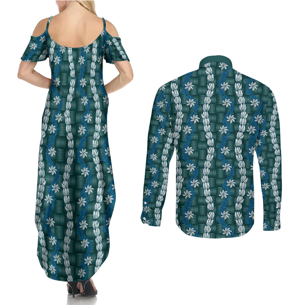 Pikake Maile Tiare Lei Couples Matching Summer Maxi Dress and Long Sleeve Button Shirt Polu Lauhala Pattern LT01 - Polynesian Pride