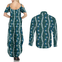 Pikake Maile Tiare Lei Couples Matching Summer Maxi Dress and Long Sleeve Button Shirt Polu Lauhala Pattern LT01 - Polynesian Pride