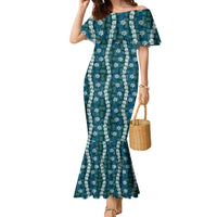 Pikake Maile Tiare Lei Family Matching Mermaid Dress and Hawaiian Shirt Polu Lauhala Pattern LT01 Mom's Dress Blue - Polynesian Pride