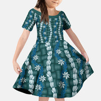 Pikake Maile Tiare Lei Family Matching Off The Shoulder Long Sleeve Dress and Hawaiian Shirt Polu Lauhala Pattern LT01 Daughter's Dress Blue - Polynesian Pride