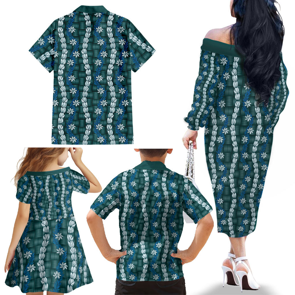 Pikake Maile Tiare Lei Family Matching Off The Shoulder Long Sleeve Dress and Hawaiian Shirt Polu Lauhala Pattern LT01 - Polynesian Pride