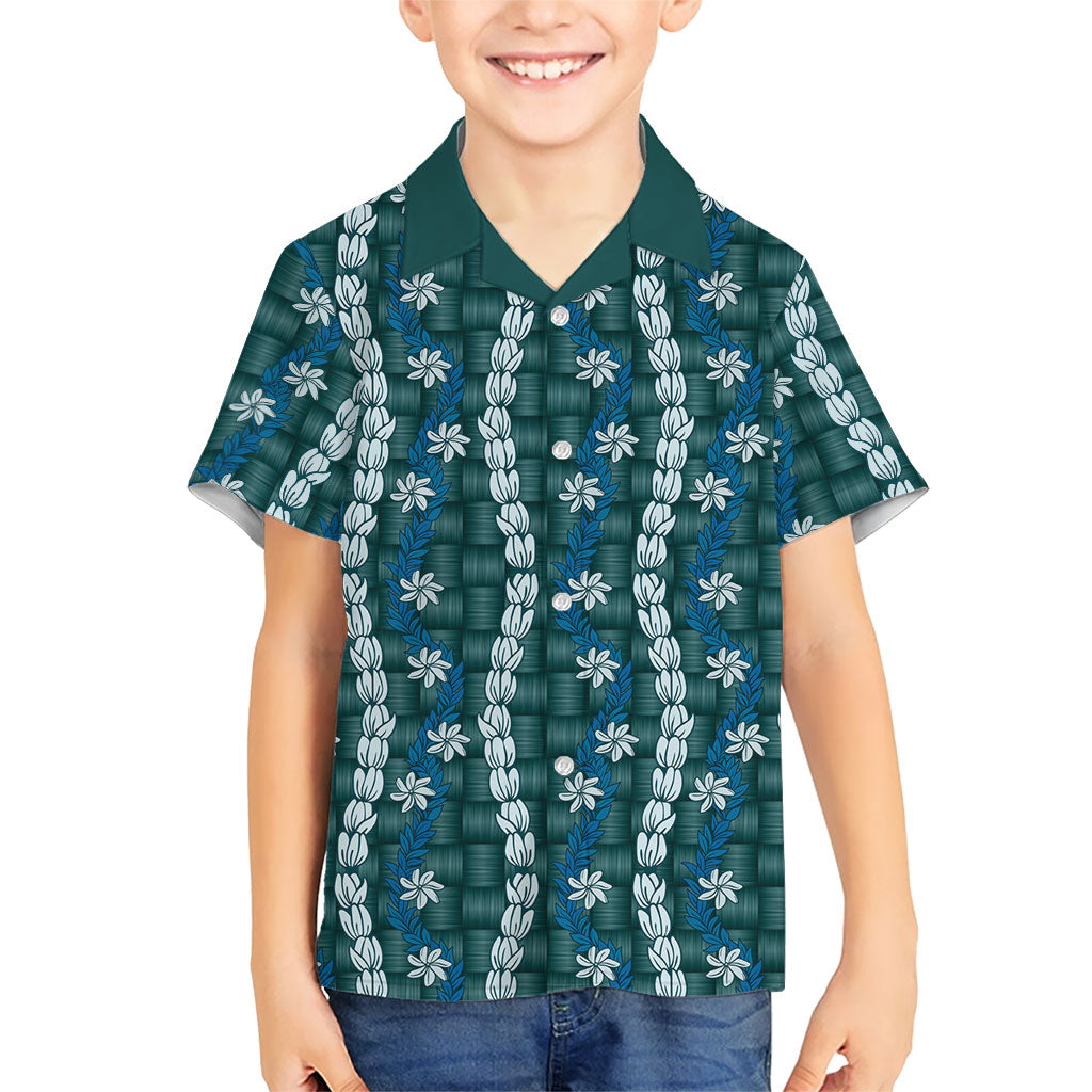 Pikake Maile Tiare Lei Family Matching Off The Shoulder Long Sleeve Dress and Hawaiian Shirt Polu Lauhala Pattern LT01 Son's Shirt Blue - Polynesian Pride
