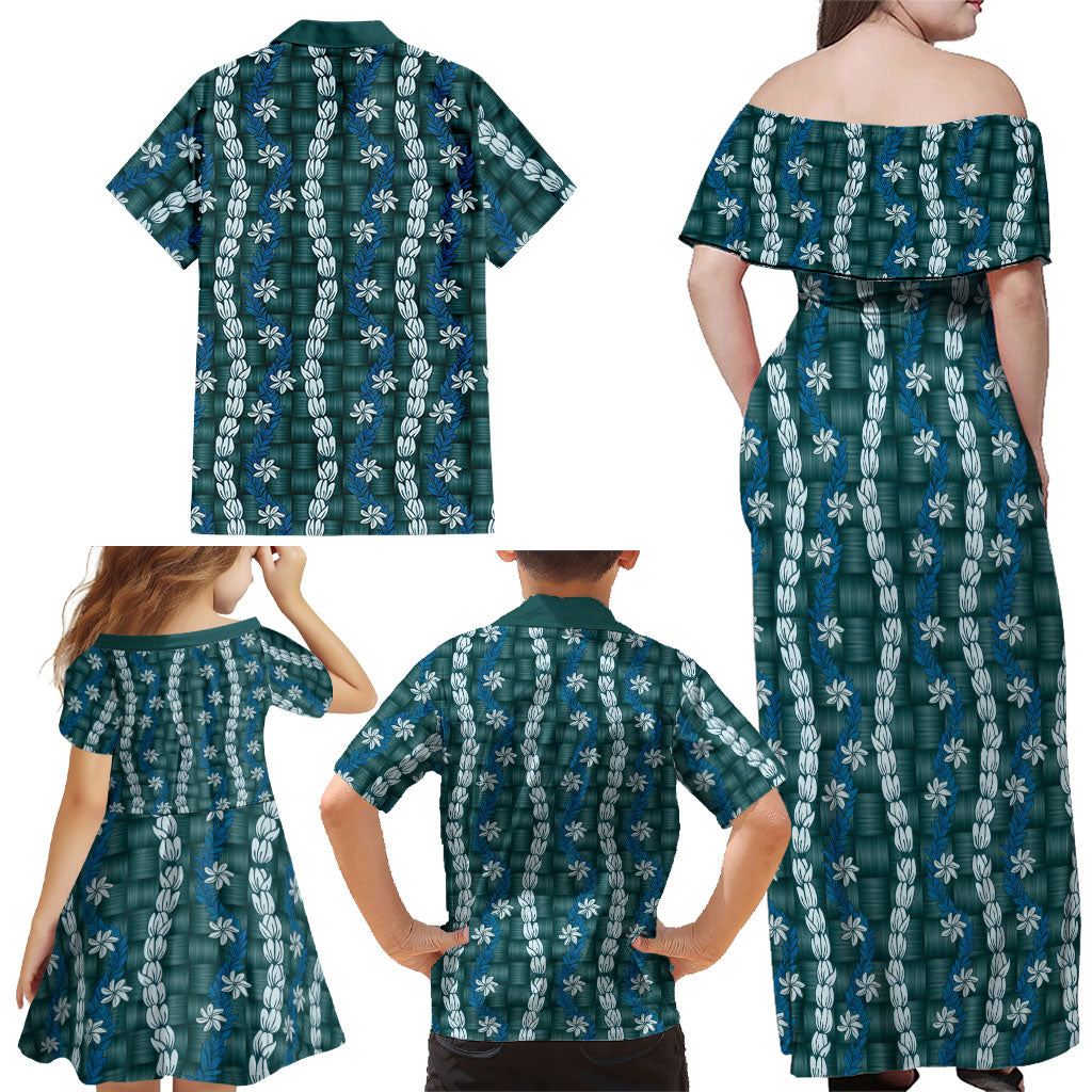 Pikake Maile Tiare Lei Family Matching Off Shoulder Maxi Dress and Hawaiian Shirt Polu Lauhala Pattern LT01 - Polynesian Pride
