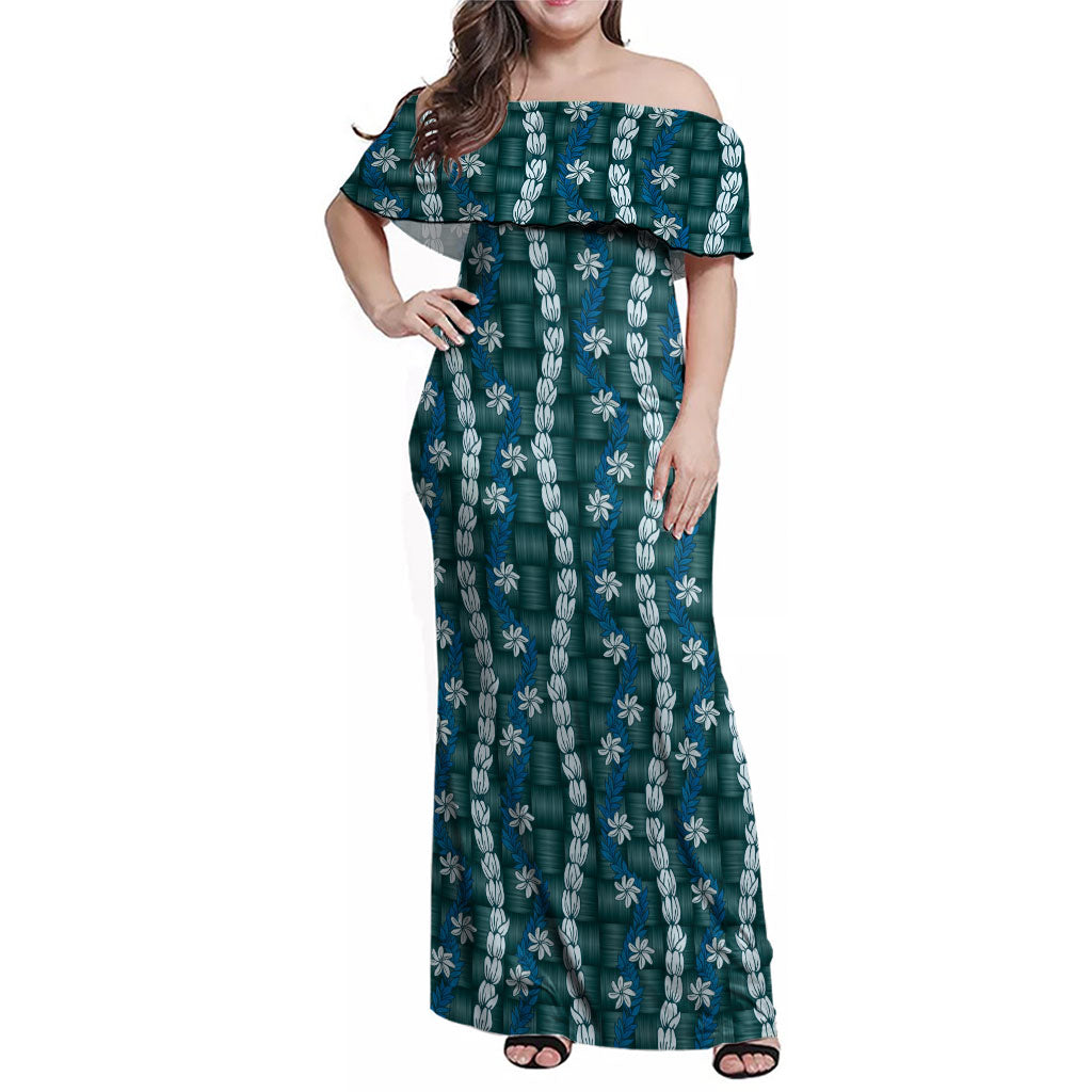 Pikake Maile Tiare Lei Family Matching Off Shoulder Maxi Dress and Hawaiian Shirt Polu Lauhala Pattern LT01 Mom's Dress Blue - Polynesian Pride