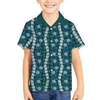 Pikake Maile Tiare Lei Family Matching Off Shoulder Maxi Dress and Hawaiian Shirt Polu Lauhala Pattern LT01 Son's Shirt Blue - Polynesian Pride