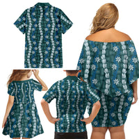 Pikake Maile Tiare Lei Family Matching Off Shoulder Short Dress and Hawaiian Shirt Polu Lauhala Pattern LT01 - Polynesian Pride