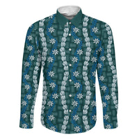 Pikake Maile Tiare Lei Family Matching Off Shoulder Short Dress and Hawaiian Shirt Polu Lauhala Pattern LT01 Dad's Shirt - Long Sleeve Blue - Polynesian Pride