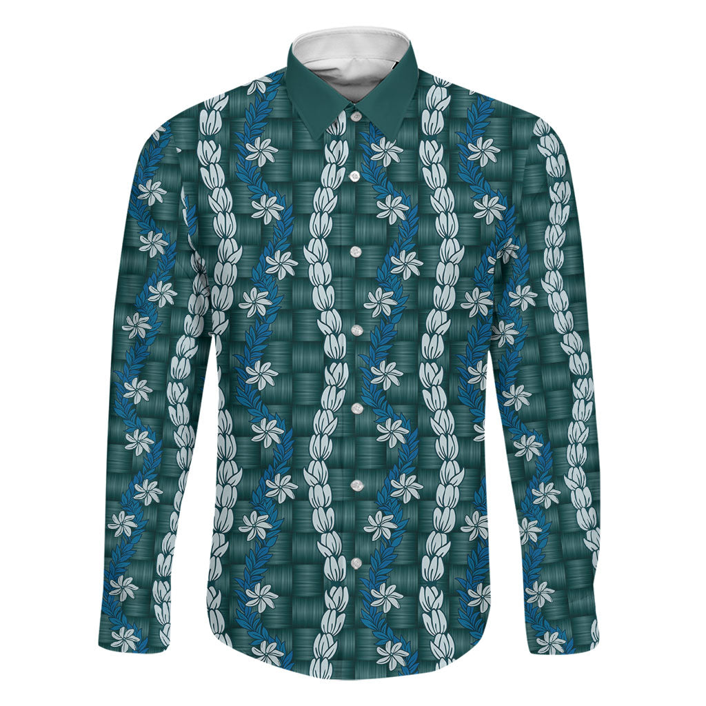 Pikake Maile Tiare Lei Family Matching Summer Maxi Dress and Hawaiian Shirt Polu Lauhala Pattern LT01 Dad's Shirt - Long Sleeve Blue - Polynesian Pride