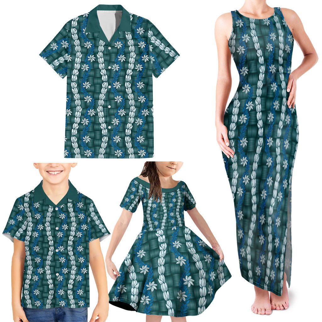 Pikake Maile Tiare Lei Family Matching Tank Maxi Dress and Hawaiian Shirt Polu Lauhala Pattern LT01 - Polynesian Pride
