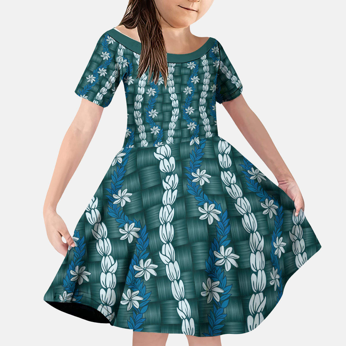 Pikake Maile Tiare Lei Kid Short Sleeve Dress Polu Lauhala Pattern