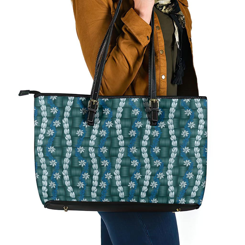 Pikake Maile Tiare Lei Leather Tote Bag Polu Lauhala Pattern