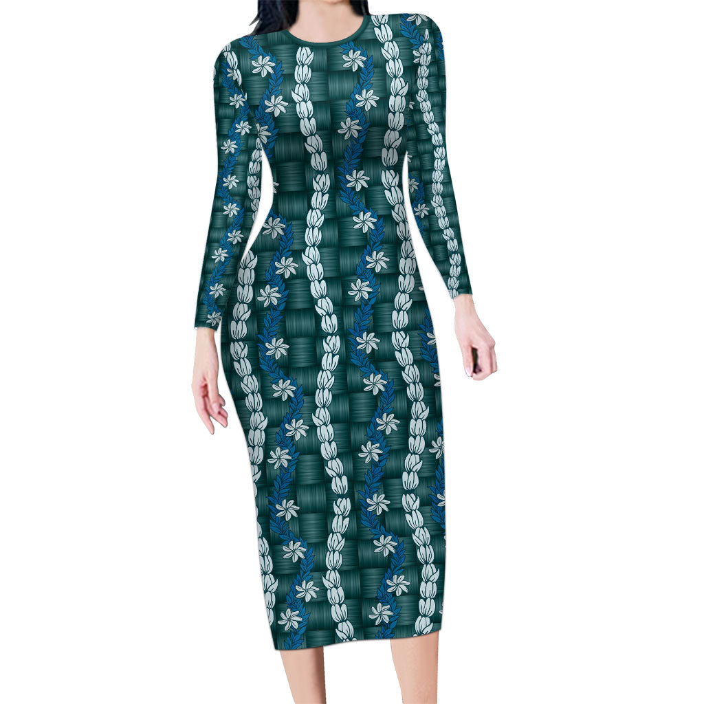 Pikake Maile Tiare Lei Long Sleeve Bodycon Dress Polu Lauhala Pattern