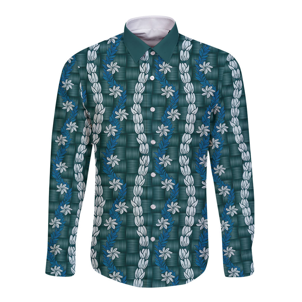 Pikake Maile Tiare Lei Long Sleeve Button Shirt Polu Lauhala Pattern LT01 Unisex Blue - Polynesian Pride