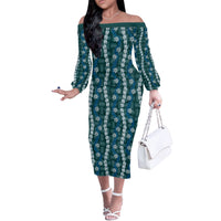 Pikake Maile Tiare Lei Off The Shoulder Long Sleeve Dress Polu Lauhala Pattern