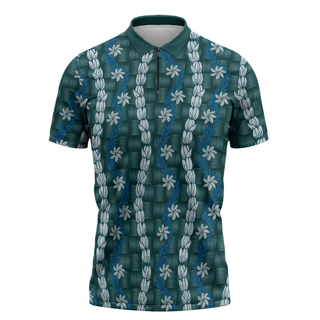 Pikake Maile Tiare Lei Zipper Polo Shirt Polu Lauhala Pattern LT01 Blue - Polynesian Pride