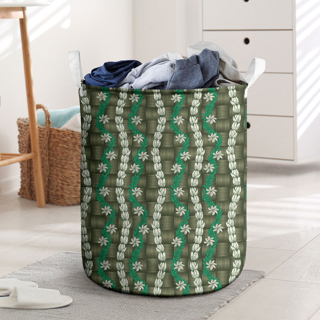 Pikake Maile Tiare Lei Laundry Basket Omaomao Lauhala Pattern LT01 Green - Polynesian Pride