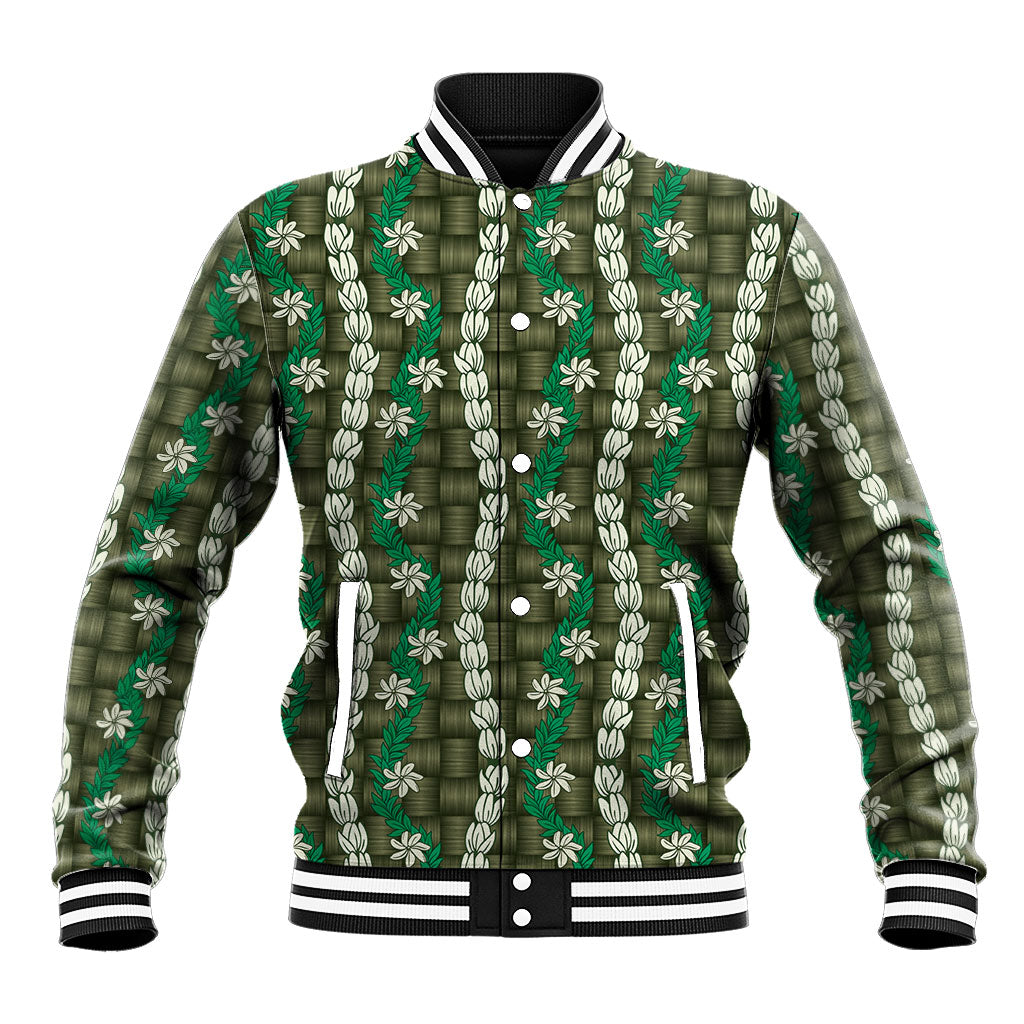 Pikake Maile Tiare Lei Baseball Jacket Omaomao Lauhala Pattern LT01 Unisex Green - Polynesian Pride