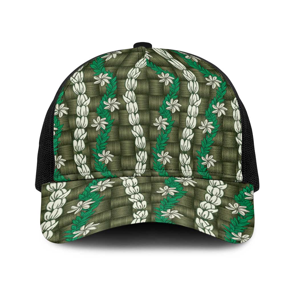 Pikake Maile Tiare Lei Baseball Net Cap Omaomao Lauhala Pattern LT01 One Size Black Green - Polynesian Pride