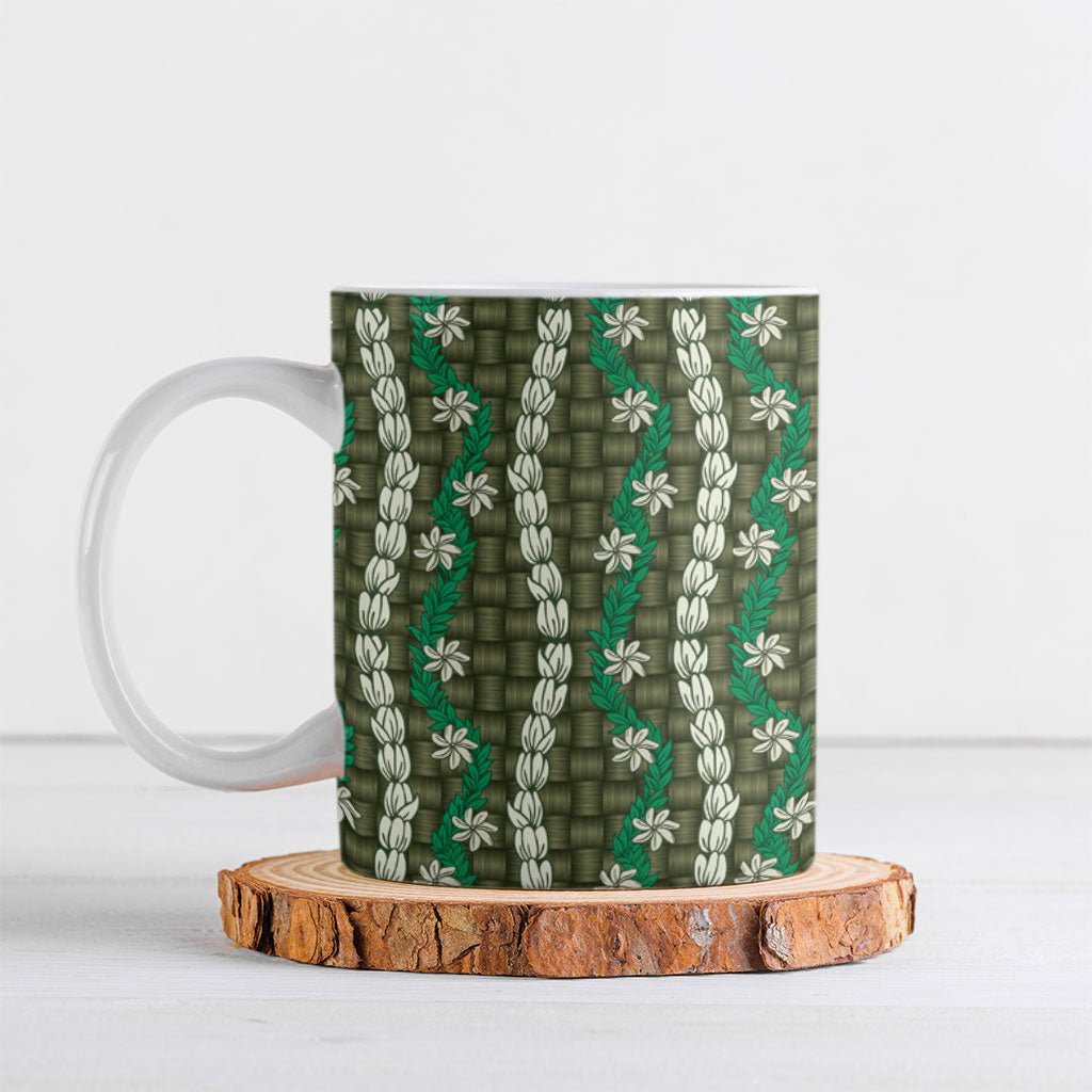 Pikake Maile Tiare Lei Ceramic Mug Omaomao Lauhala Pattern LT01 Green - Polynesian Pride