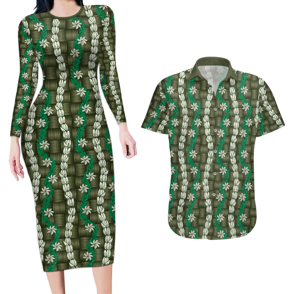 Pikake Maile Tiare Lei Couples Matching Long Sleeve Bodycon Dress and Hawaiian Shirt Omaomao Lauhala Pattern LT01 Green - Polynesian Pride