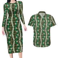 Pikake Maile Tiare Lei Couples Matching Long Sleeve Bodycon Dress and Hawaiian Shirt Omaomao Lauhala Pattern LT01 Green - Polynesian Pride
