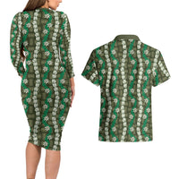 Pikake Maile Tiare Lei Couples Matching Long Sleeve Bodycon Dress and Hawaiian Shirt Omaomao Lauhala Pattern LT01 - Polynesian Pride