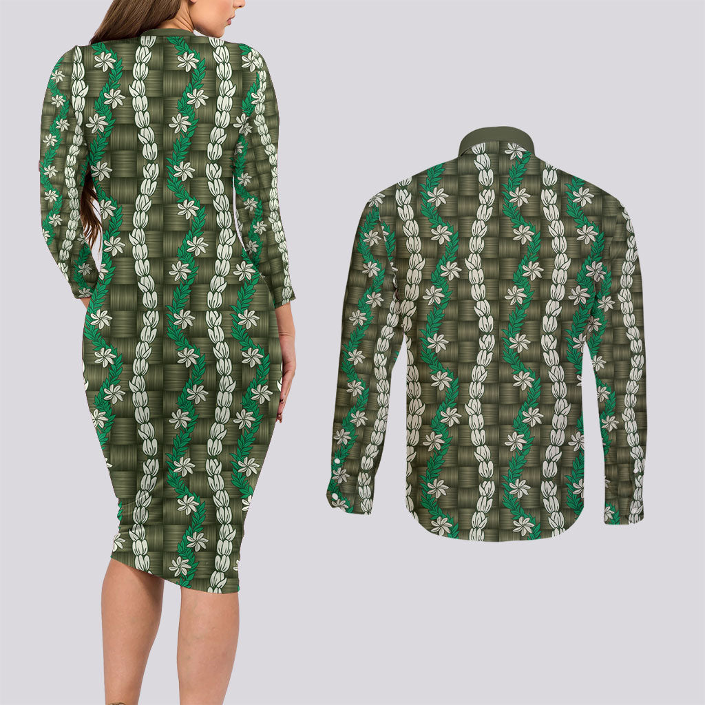 Pikake Maile Tiare Lei Couples Matching Long Sleeve Bodycon Dress and Long Sleeve Button Shirt Omaomao Lauhala Pattern