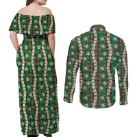 Pikake Maile Tiare Lei Couples Matching Off Shoulder Maxi Dress and Long Sleeve Button Shirt Omaomao Lauhala Pattern