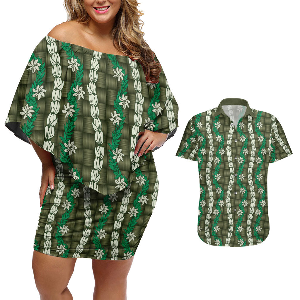 Pikake Maile Tiare Lei Couples Matching Off Shoulder Short Dress and Hawaiian Shirt Omaomao Lauhala Pattern LT01 Green - Polynesian Pride