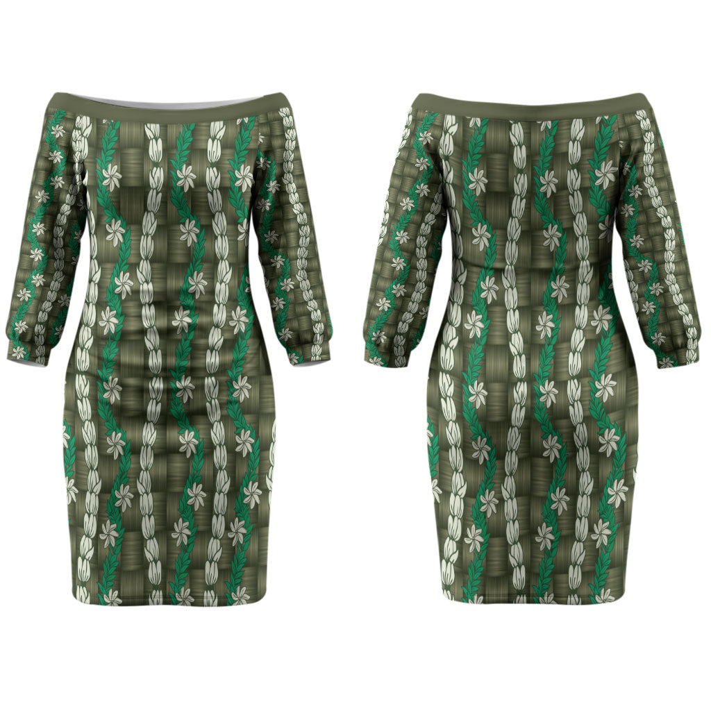 Pikake Maile Tiare Lei Couples Matching Off The Shoulder Long Sleeve Dress and Long Sleeve Button Shirt Omaomao Lauhala Pattern LT01 - Polynesian Pride