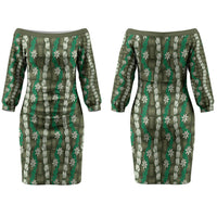 Pikake Maile Tiare Lei Couples Matching Off The Shoulder Long Sleeve Dress and Long Sleeve Button Shirt Omaomao Lauhala Pattern LT01 - Polynesian Pride