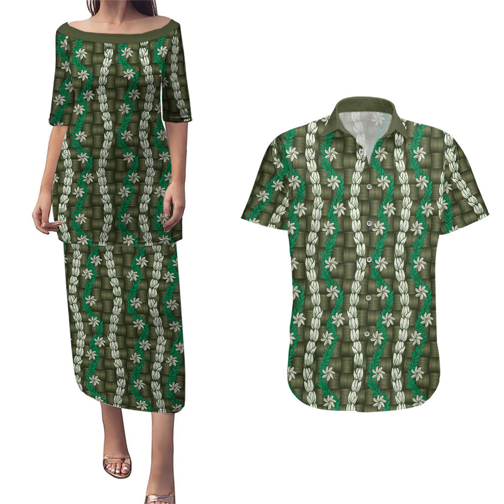 Pikake Maile Tiare Lei Couples Matching Puletasi and Hawaiian Shirt Omaomao Lauhala Pattern LT01 Green - Polynesian Pride