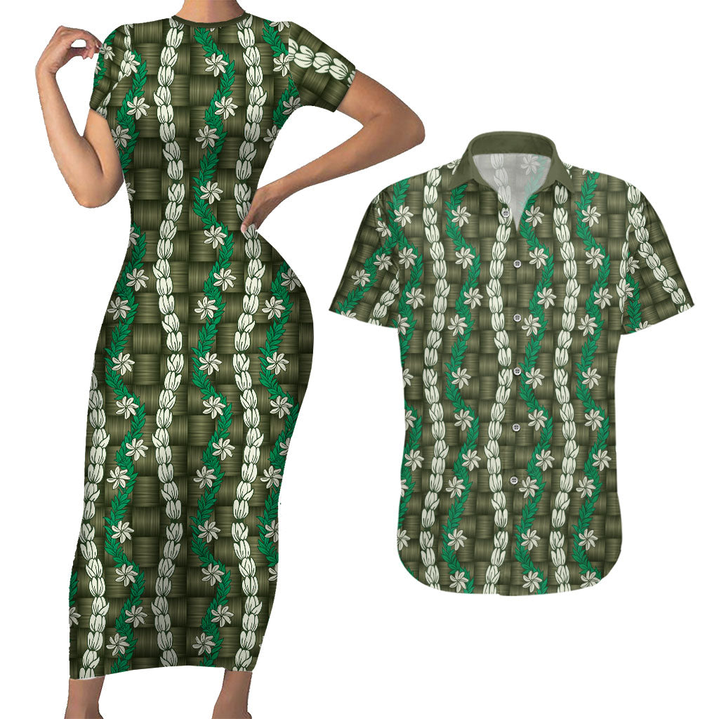 Pikake Maile Tiare Lei Couples Matching Short Sleeve Bodycon Dress and Hawaiian Shirt Omaomao Lauhala Pattern LT01 Green - Polynesian Pride