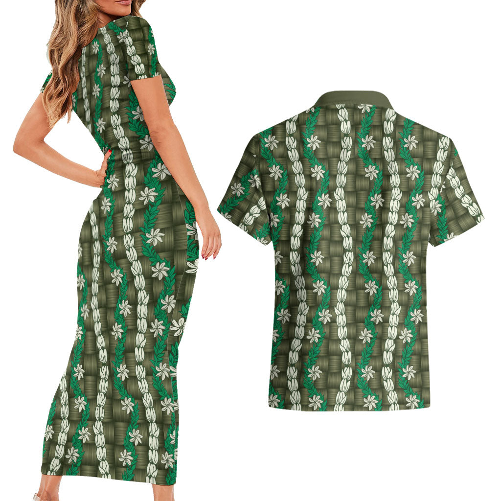 Pikake Maile Tiare Lei Couples Matching Short Sleeve Bodycon Dress and Hawaiian Shirt Omaomao Lauhala Pattern LT01 - Polynesian Pride