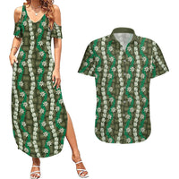 Pikake Maile Tiare Lei Couples Matching Summer Maxi Dress and Hawaiian Shirt Omaomao Lauhala Pattern