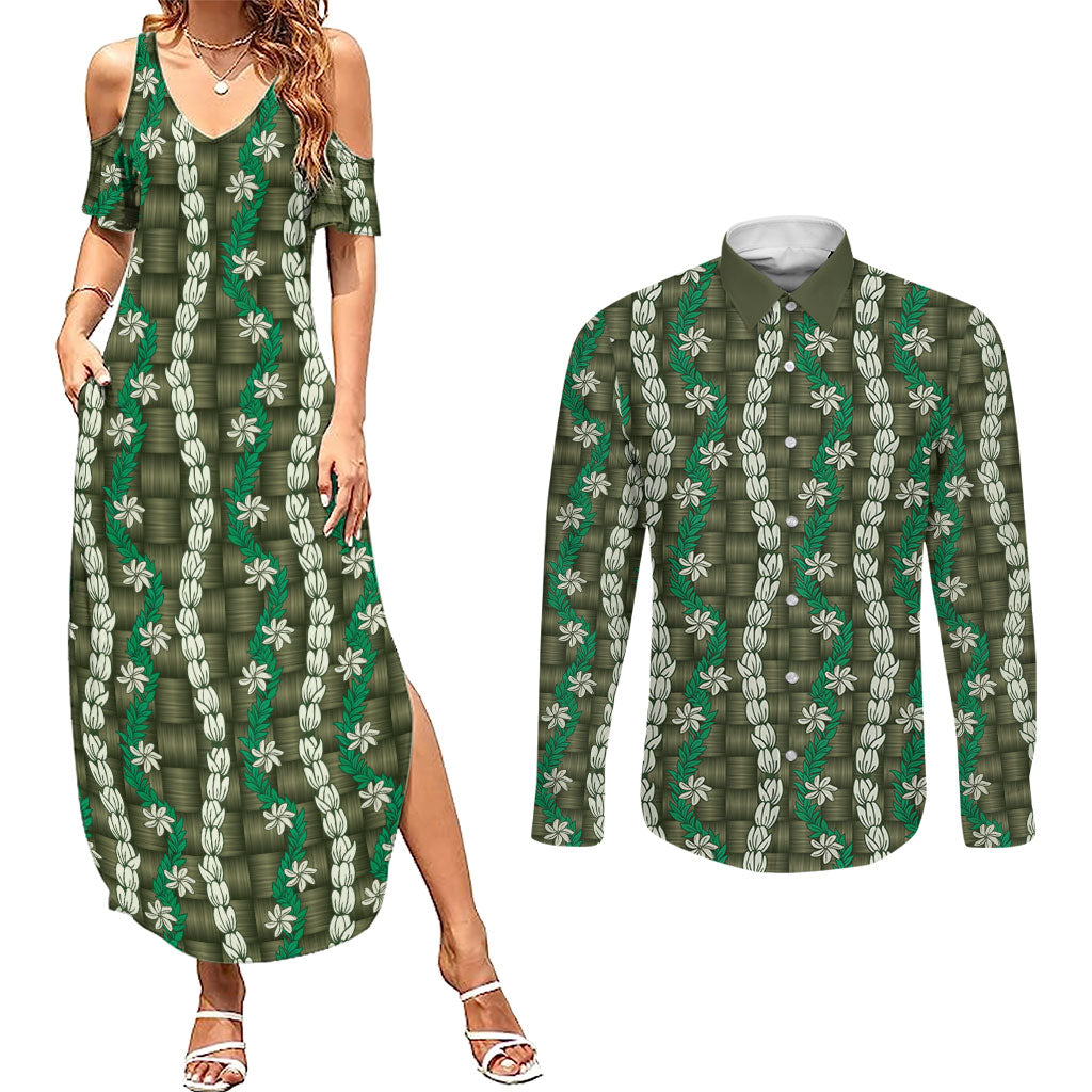 Pikake Maile Tiare Lei Couples Matching Summer Maxi Dress and Long Sleeve Button Shirt Omaomao Lauhala Pattern LT01 Green - Polynesian Pride