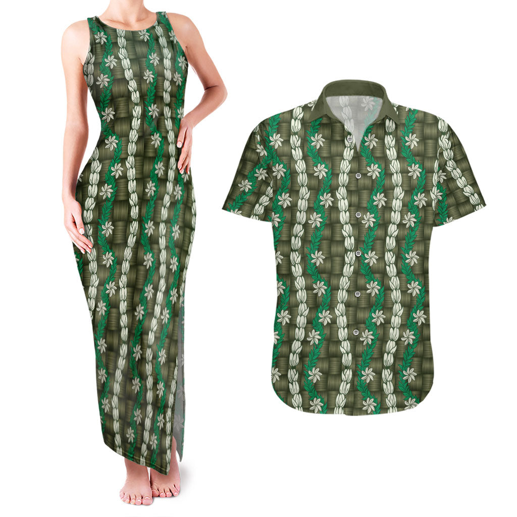 Pikake Maile Tiare Lei Couples Matching Tank Maxi Dress and Hawaiian Shirt Omaomao Lauhala Pattern LT01 Green - Polynesian Pride