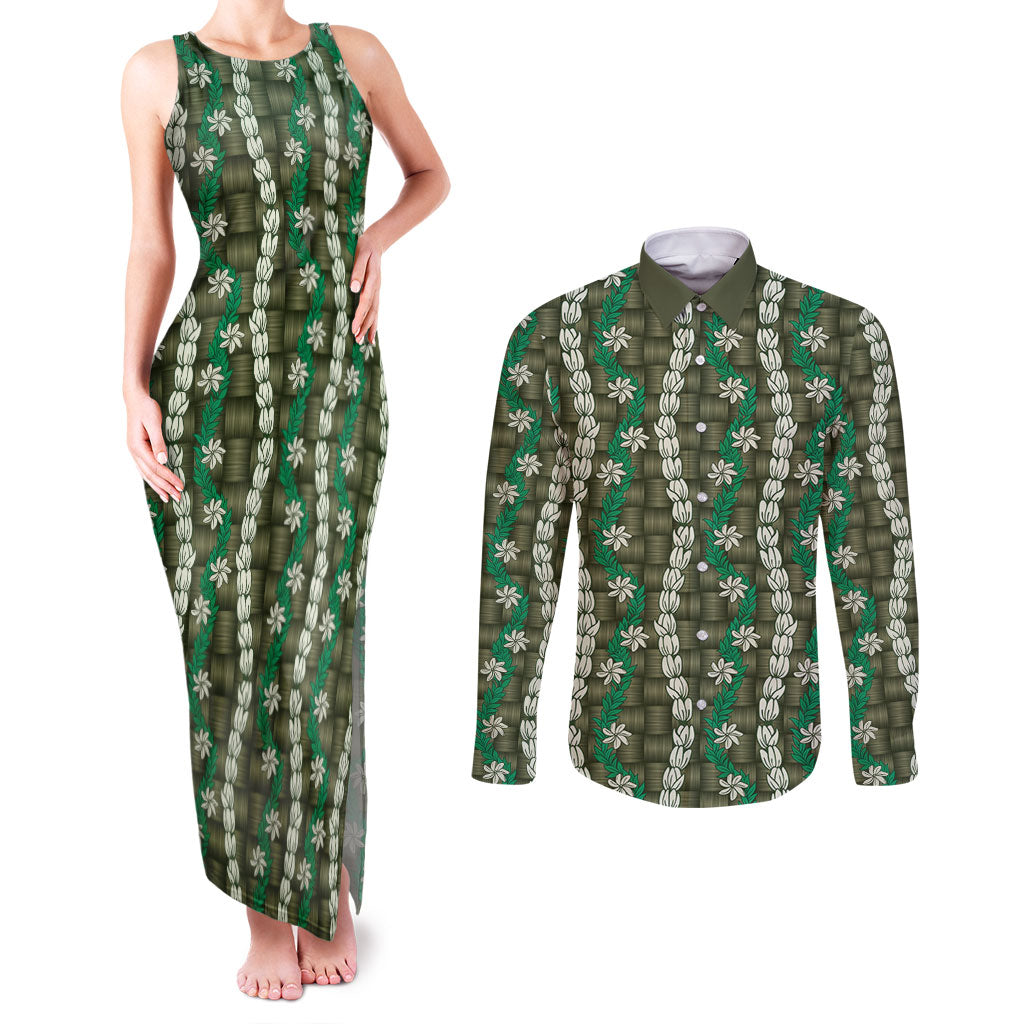 Pikake Maile Tiare Lei Couples Matching Tank Maxi Dress and Long Sleeve Button Shirt Omaomao Lauhala Pattern LT01 Green - Polynesian Pride