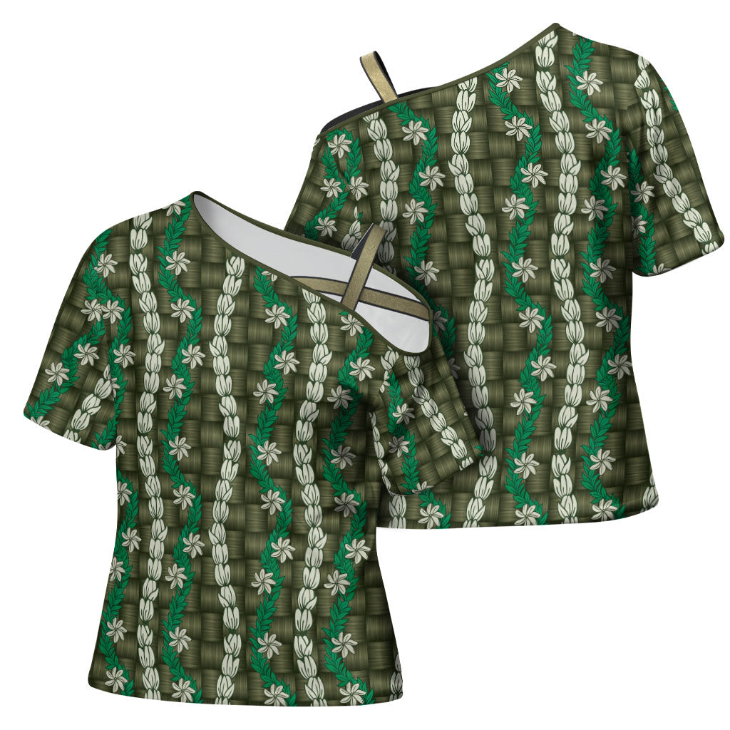 Pikake Maile Tiare Lei Cross Shoulder Shirt Omaomao Lauhala Pattern