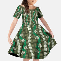 Pikake Maile Tiare Lei Family Matching Long Sleeve Bodycon Dress and Hawaiian Shirt Omaomao Lauhala Pattern LT01 Daughter's Dress Green - Polynesian Pride