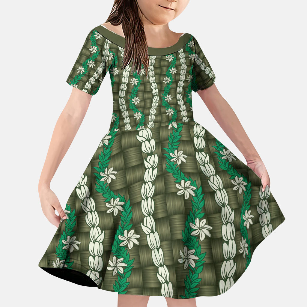 Pikake Maile Tiare Lei Family Matching Mermaid Dress and Hawaiian Shirt Omaomao Lauhala Pattern LT01 Daughter's Dress Green - Polynesian Pride
