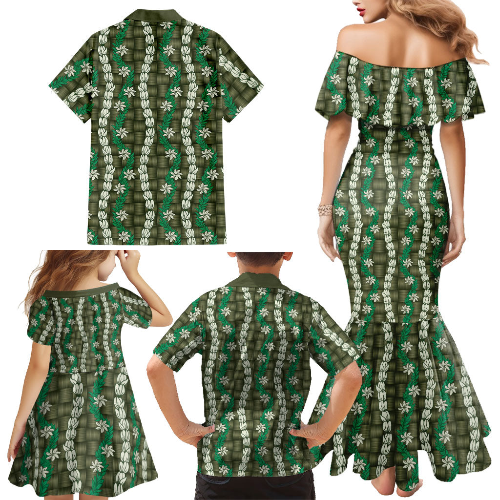 Pikake Maile Tiare Lei Family Matching Mermaid Dress and Hawaiian Shirt Omaomao Lauhala Pattern LT01 - Polynesian Pride