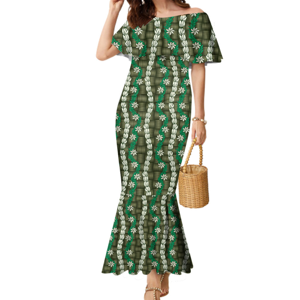 Pikake Maile Tiare Lei Family Matching Mermaid Dress and Hawaiian Shirt Omaomao Lauhala Pattern LT01 Mom's Dress Green - Polynesian Pride