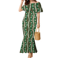Pikake Maile Tiare Lei Family Matching Mermaid Dress and Hawaiian Shirt Omaomao Lauhala Pattern LT01 Mom's Dress Green - Polynesian Pride