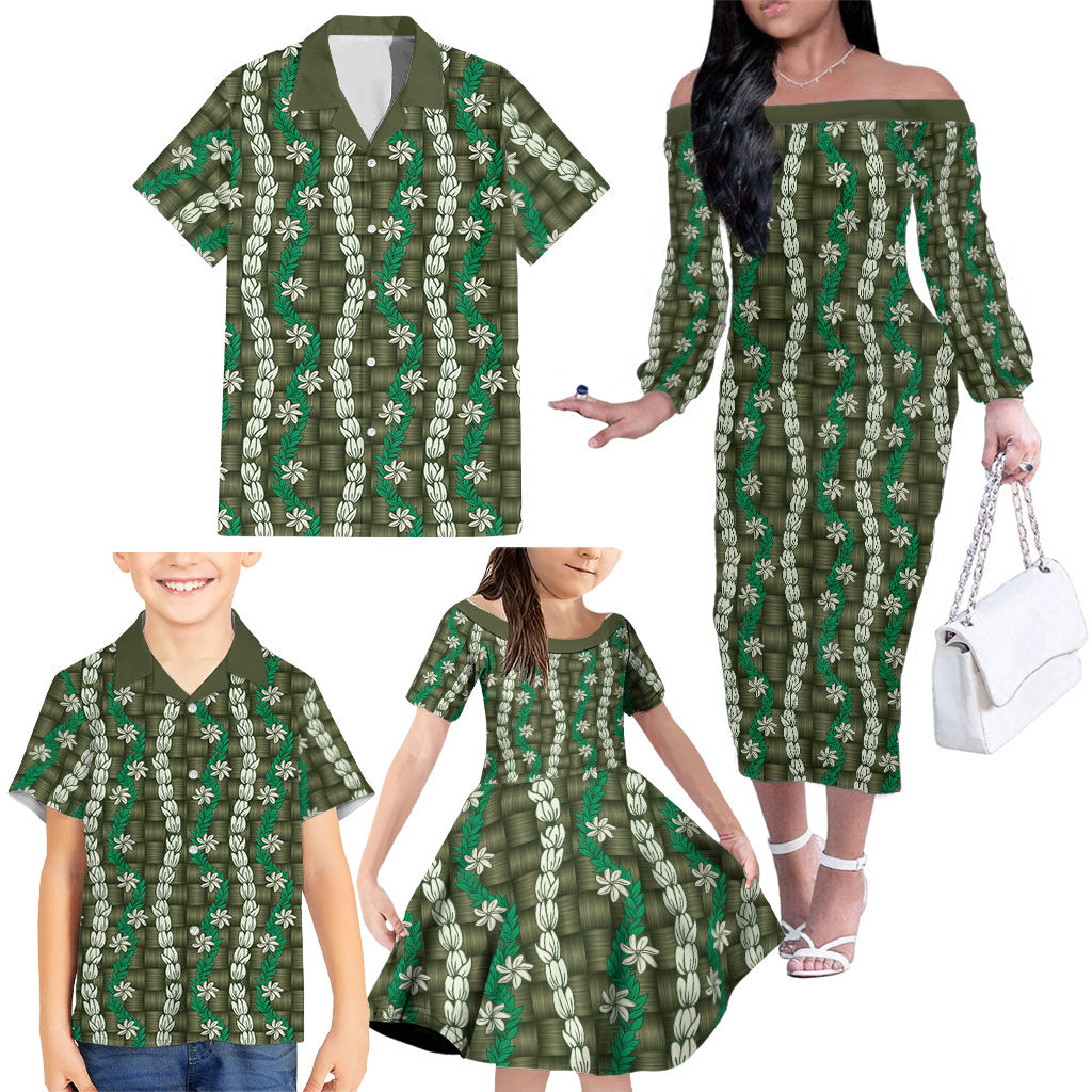 Pikake Maile Tiare Lei Family Matching Off The Shoulder Long Sleeve Dress and Hawaiian Shirt Omaomao Lauhala Pattern LT01 - Polynesian Pride
