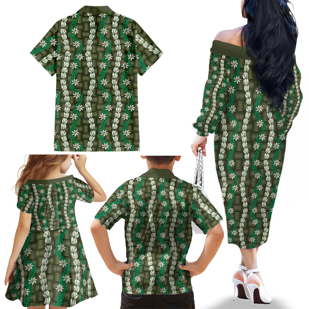 Pikake Maile Tiare Lei Family Matching Off The Shoulder Long Sleeve Dress and Hawaiian Shirt Omaomao Lauhala Pattern LT01 - Polynesian Pride