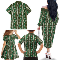 Pikake Maile Tiare Lei Family Matching Off The Shoulder Long Sleeve Dress and Hawaiian Shirt Omaomao Lauhala Pattern LT01 - Polynesian Pride