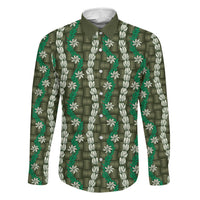 Pikake Maile Tiare Lei Family Matching Off Shoulder Maxi Dress and Hawaiian Shirt Omaomao Lauhala Pattern LT01 Dad's Shirt - Long Sleeve Green - Polynesian Pride
