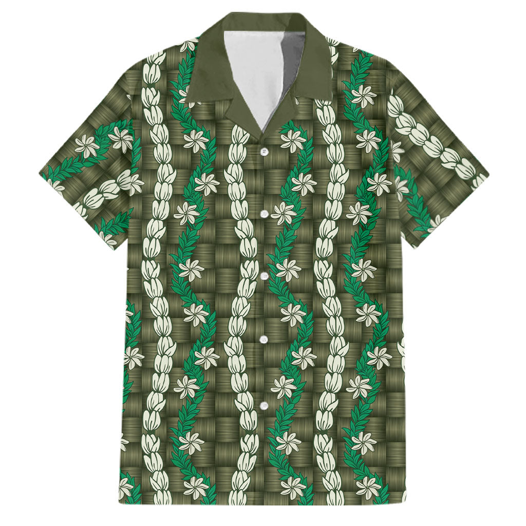 Pikake Maile Tiare Lei Family Matching Off Shoulder Short Dress and Hawaiian Shirt Omaomao Lauhala Pattern LT01 Dad's Shirt - Short Sleeve Green - Polynesian Pride